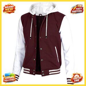 Men's Hooded Varsity Bomber Jacket Lightweight Fleece Casual Sporty Style